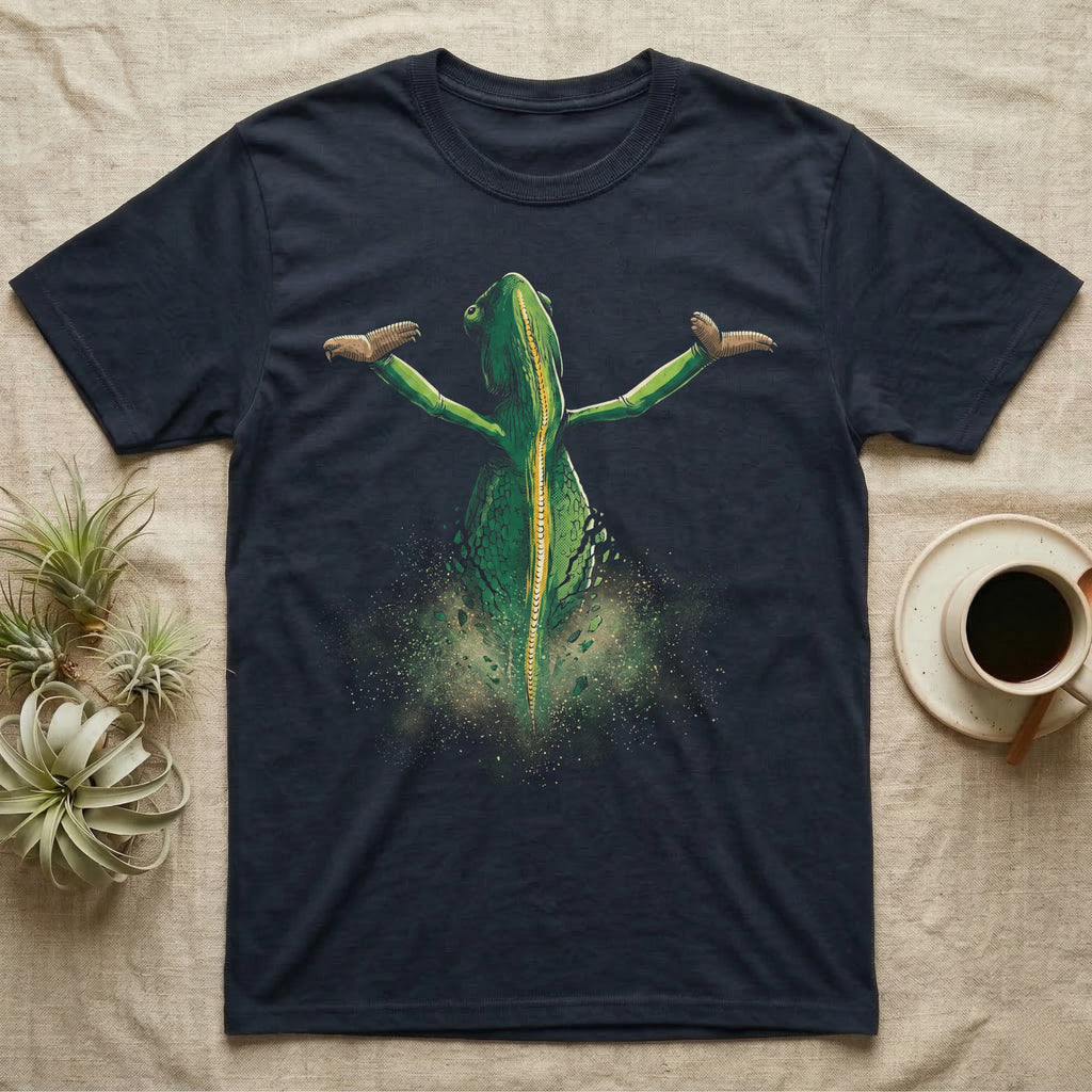 Vintage comic illustration of a veiled chameleon seen from behind, arms raised, lower body dissolving into glowing dust and scale fragments, graphic-only, no text. — shown on a Navy tee.