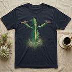 Vintage comic illustration of a veiled chameleon seen from behind, arms raised, lower body dissolving into glowing dust and scale fragments, graphic-only, no text. — shown on a Navy tee.