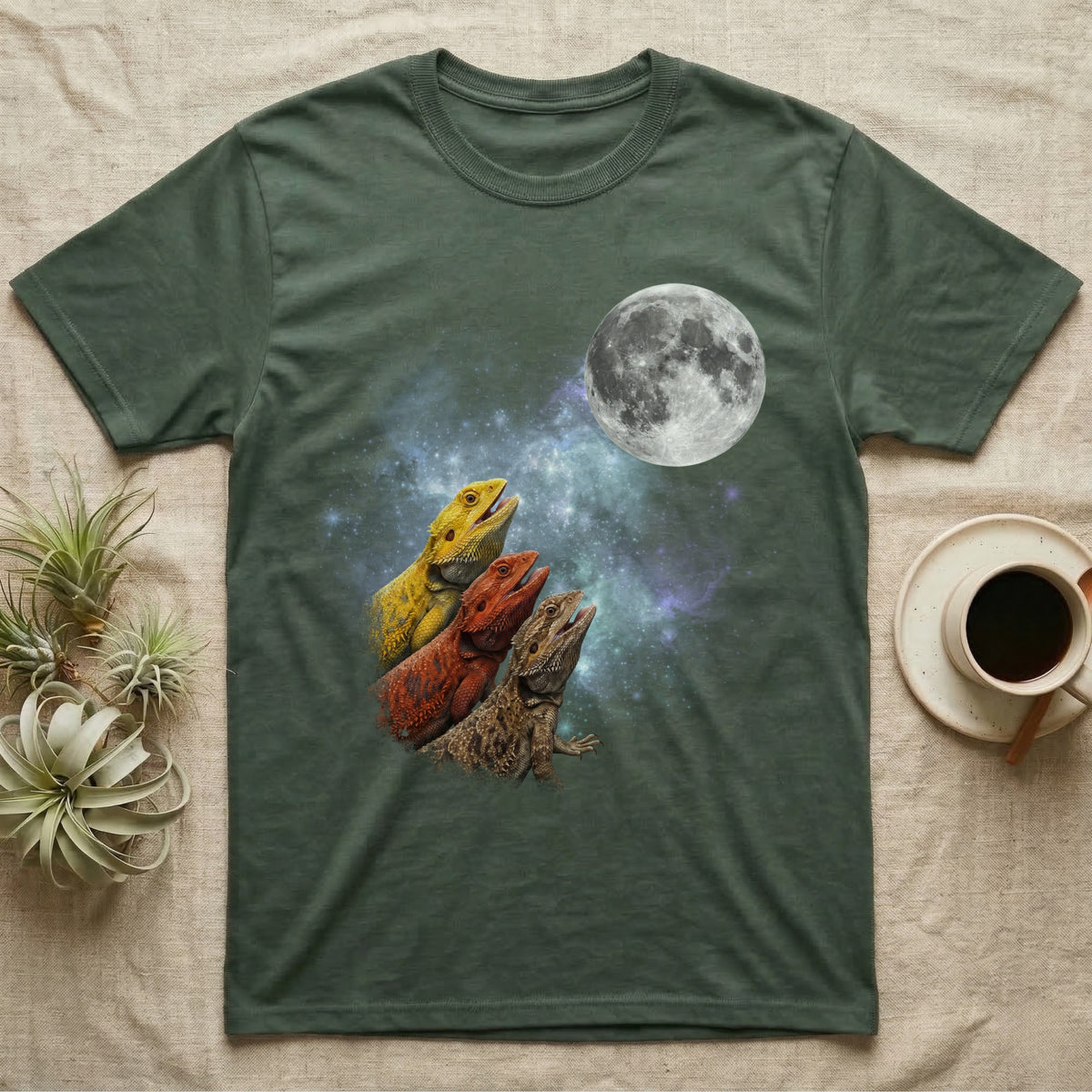 Bearded Dragon Moon Howl T-Shirt in Military Green — Three Bearded Dragon colour morphs howling at a full moon over a nebula on a dark grey t-shirt.