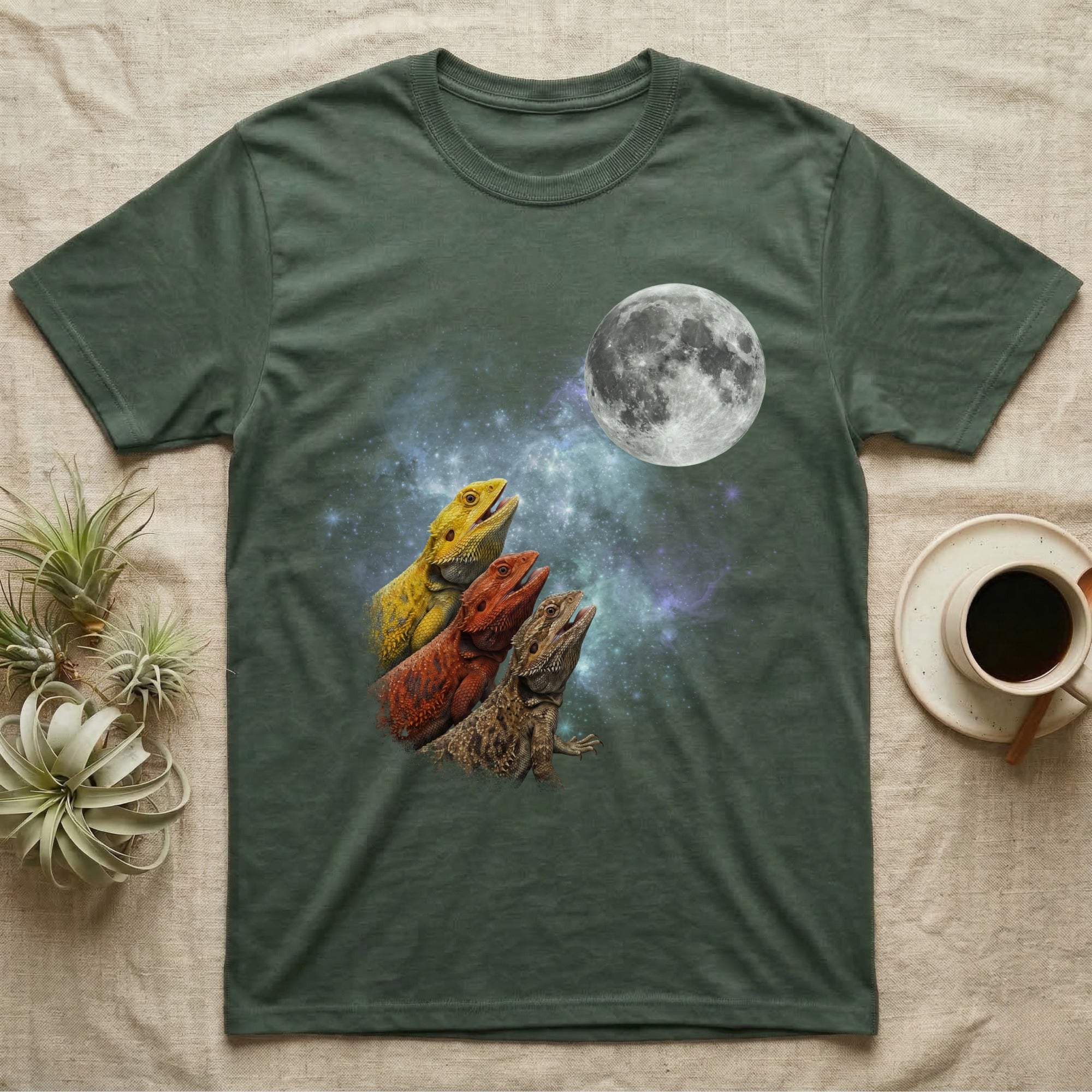 Bearded Dragon Moon Howl T-Shirt in Military Green — Three Bearded Dragon colour morphs howling at a full moon over a nebula on a dark grey t-shirt.