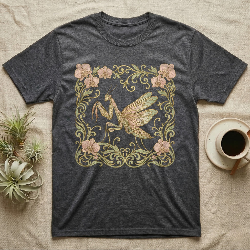 Dark gray t-shirt featuring a framed illustration of a praying mantis surrounded by floral accents.