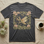 Dark gray t-shirt featuring a framed illustration of a praying mantis surrounded by floral accents.