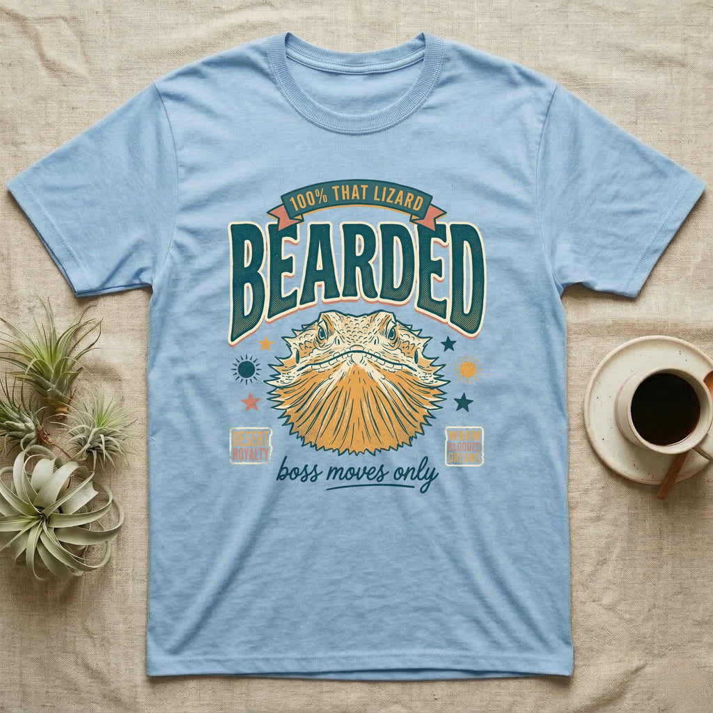 Light blue t-shirt with a bearded dragon graphic and text.