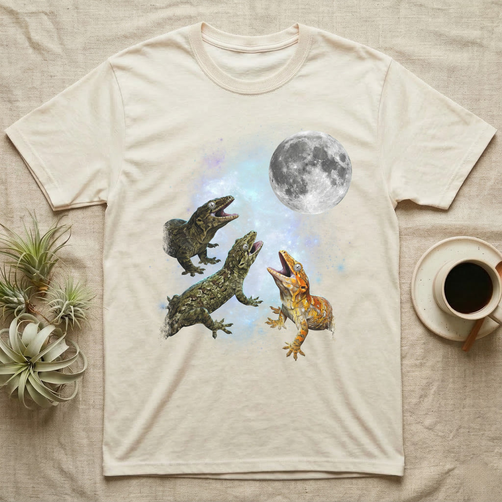 Leachianus Gecko Moon Howl T-Shirt in Natural — Three Leachianus Gecko colour morphs howling at a full moon over a nebula on a dark grey t-shirt.