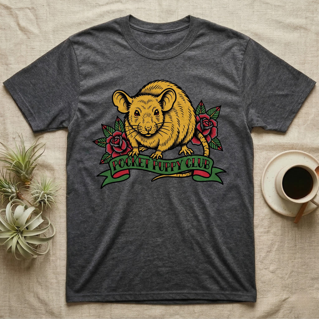 Dark grey t-shirt with a yellow rat and red roses graphic and "Pocket Puppy Club" text.