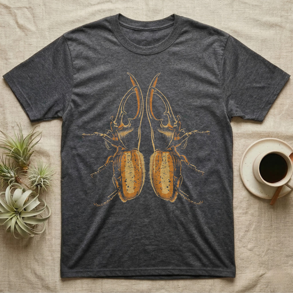 Vintage-engraving illustration of two mirrored Hercules beetles nose to nose with long curved thoracic horns, stippled ochre elytra, graphic-only, no text. — shown on a Dark Heather tee.