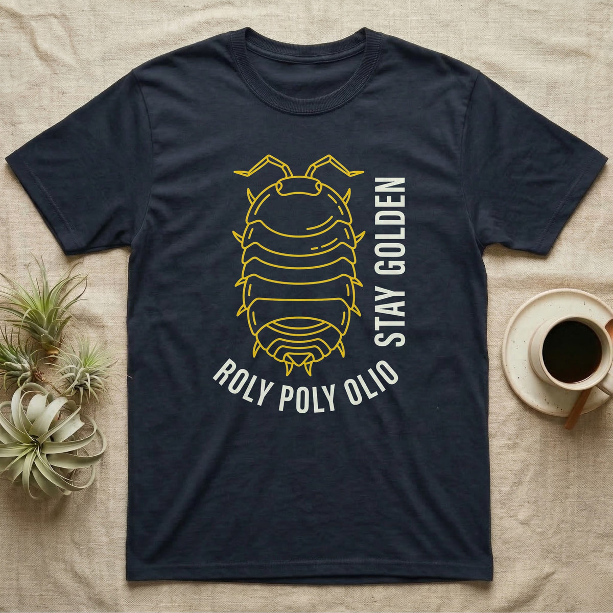 Roly Poly Isopod Stay Golden T-Shirt in Navy — Golden outline drawing of a spined roly poly isopod beside vertical cream "Stay Golden" lettering.
