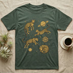 Green t-shirt with astronauts in space suits and planets.