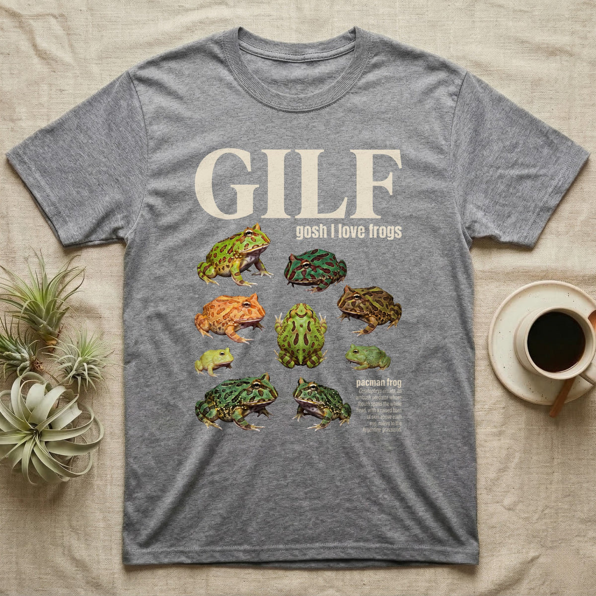 Pacman Frog GILF T-Shirt in Sport Grey — Nine pacman frogs in a scattered cut-out photo collage beneath the huge cream word GILF on a grey ground.