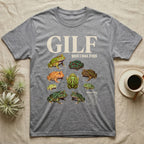 Pacman Frog GILF T-Shirt in Sport Grey — Nine pacman frogs in a scattered cut-out photo collage beneath the huge cream word GILF on a grey ground.