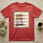 Native Snake Life List T-Shirt in Heather Red — Vintage field-guide life list of native snakes drawn as small specimens with tally checkmarks beside each.