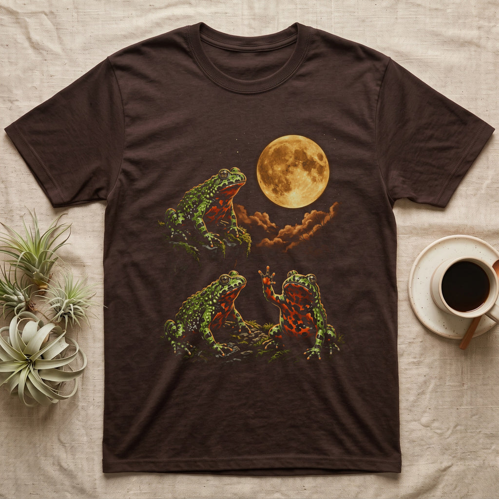 Fire-Bellied Toad Moon T-Shirt in Dark Chocolate — Three fire-bellied toads under a glowing amber full moon, one on a mossy ledge, one reaching a front foot up at the moon