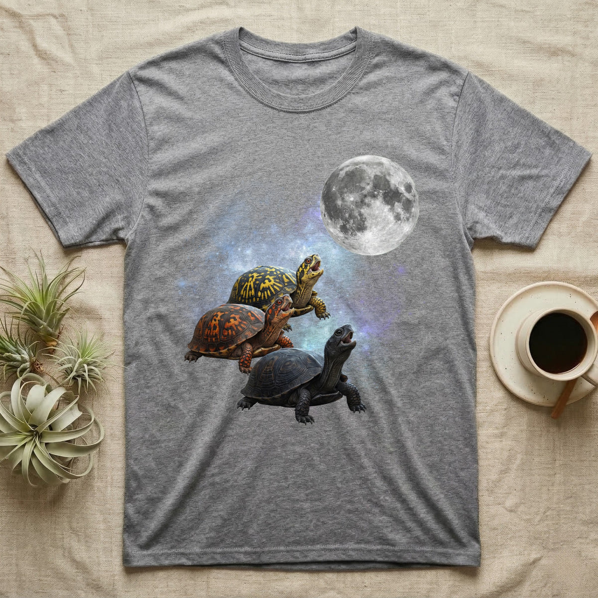 Eastern Box Turtle Moon Howl T-Shirt in Sport Grey — Three Eastern Box Turtle colour morphs howling at a full moon over a nebula on a dark grey t-shirt.