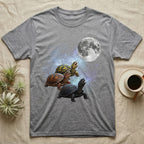 Eastern Box Turtle Moon Howl T-Shirt in Sport Grey — Three Eastern Box Turtle colour morphs howling at a full moon over a nebula on a dark grey t-shirt.