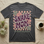 Dark gray t-shirt with "Snake Mom" graphic, snakes, and text.