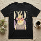 Black t-shirt with a cockatiel wearing pink sunglasses and pearls, with "ICONIC" text.