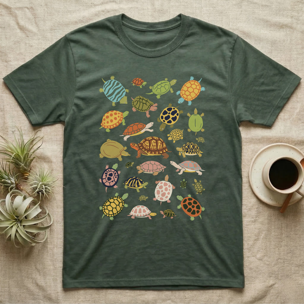 Box Turtle Specimen Plate T-Shirt in Military Green — Twenty-five turtles and tortoises painted flat in chalky colour, scattered across grey, each facing a different way.
