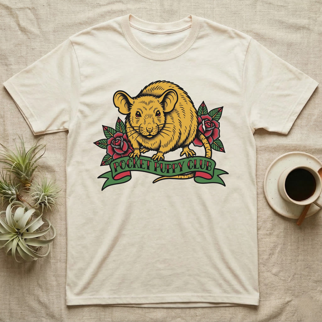 Cream t-shirt with a yellow rat and red roses design, "Pocket Puppy Club" text.