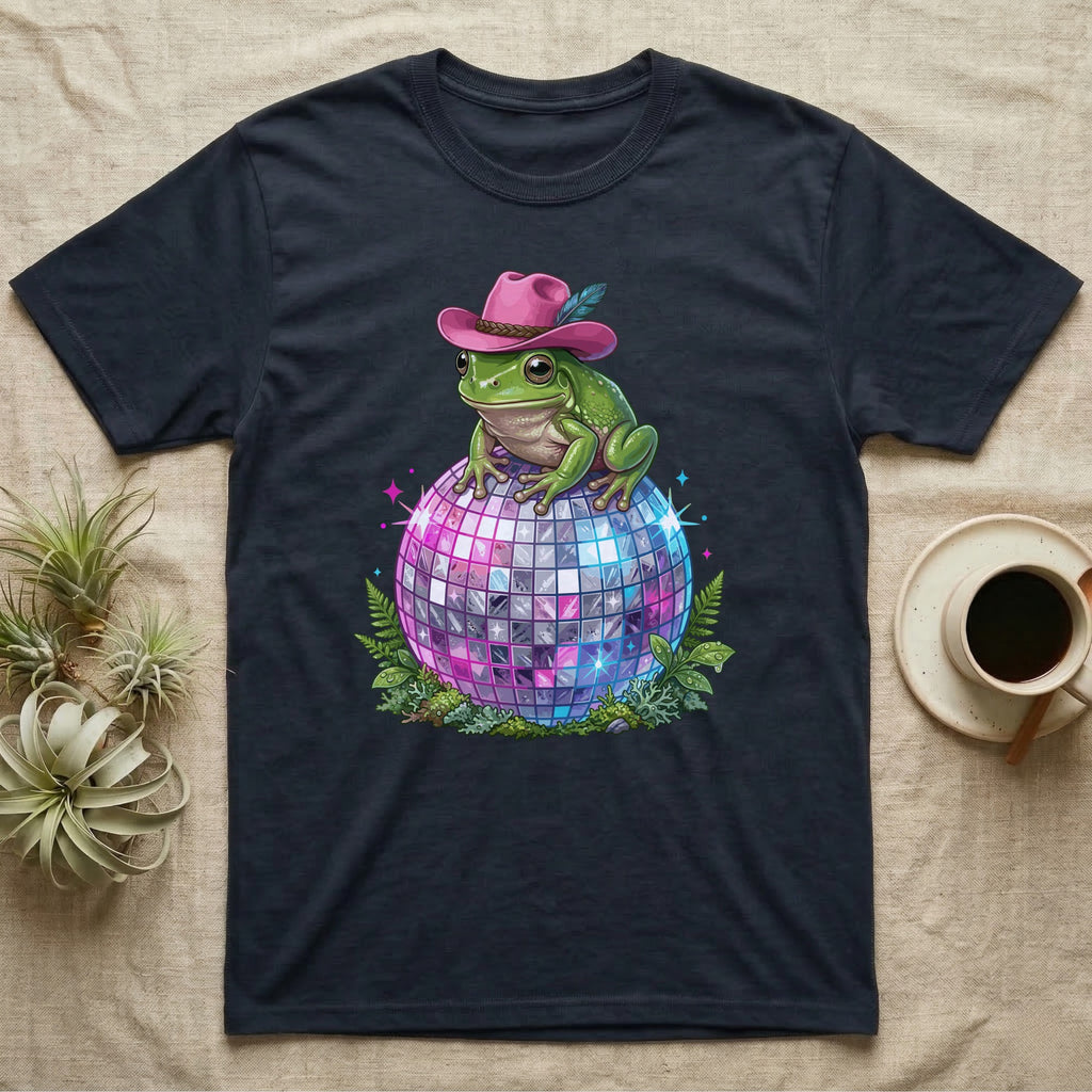 Frog wearing a pink cowboy hat sits on a disco ball.