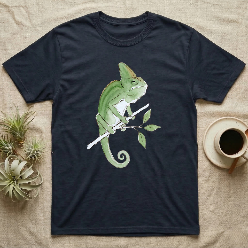 Veiled Chameleon Ambassador T-Shirt in Navy — Watercolour illustration of a veiled chameleon calmly gripping a slender branch, tall casque and curled tail.