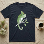Veiled Chameleon Ambassador T-Shirt in Navy — Watercolour illustration of a veiled chameleon calmly gripping a slender branch, tall casque and curled tail.