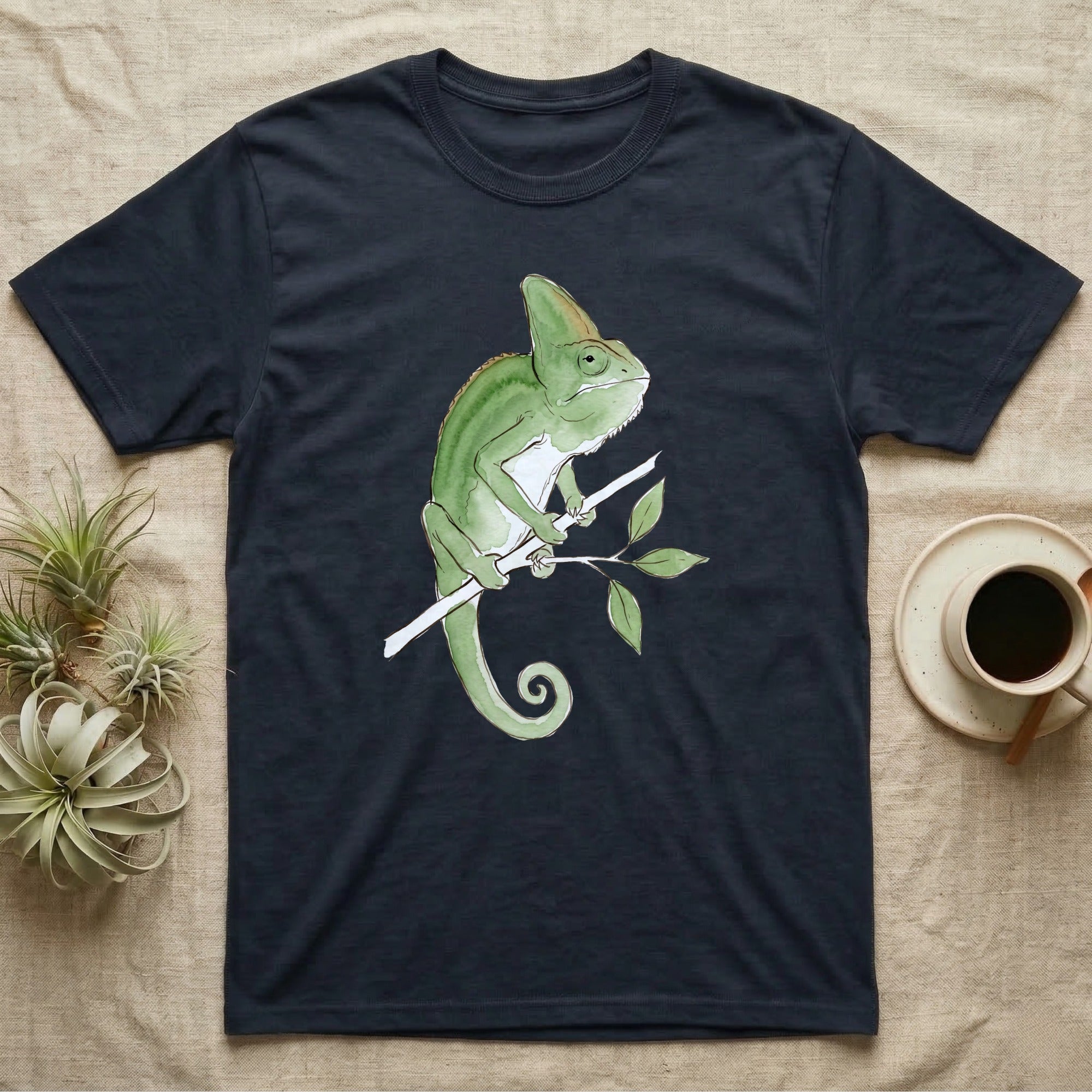 Veiled Chameleon Ambassador T-Shirt in Navy — Watercolour illustration of a veiled chameleon calmly gripping a slender branch, tall casque and curled tail.