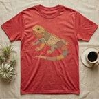 Red heather t-shirt with a colorful patchwork lizard graphic.