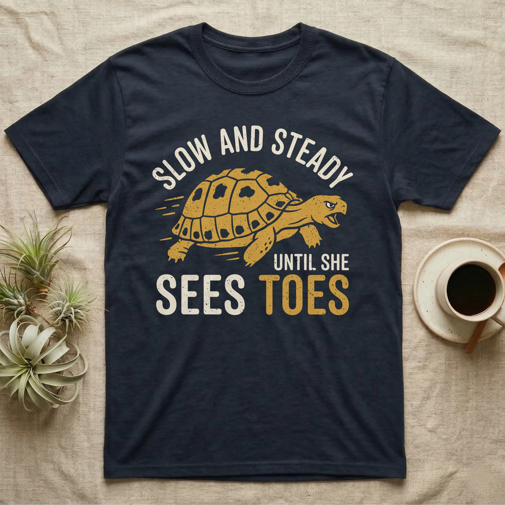 Hermann's Tortoise Toes T-Shirt in Navy — Golden ochre Hermann's tortoise charging to the right under arched cream words Slow And Steady, with Until She Sees Toes below