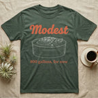 Snapping Turtle Modest T-Shirt in Military Green — White-line engraving of a huge snapping turtle in a stock tank under orange Modest script and a serif line