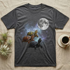 Eastern Box Turtle Moon Howl T-Shirt in Dark Heather — Three Eastern Box Turtle colour morphs howling at a full moon over a nebula on a dark grey t-shirt.