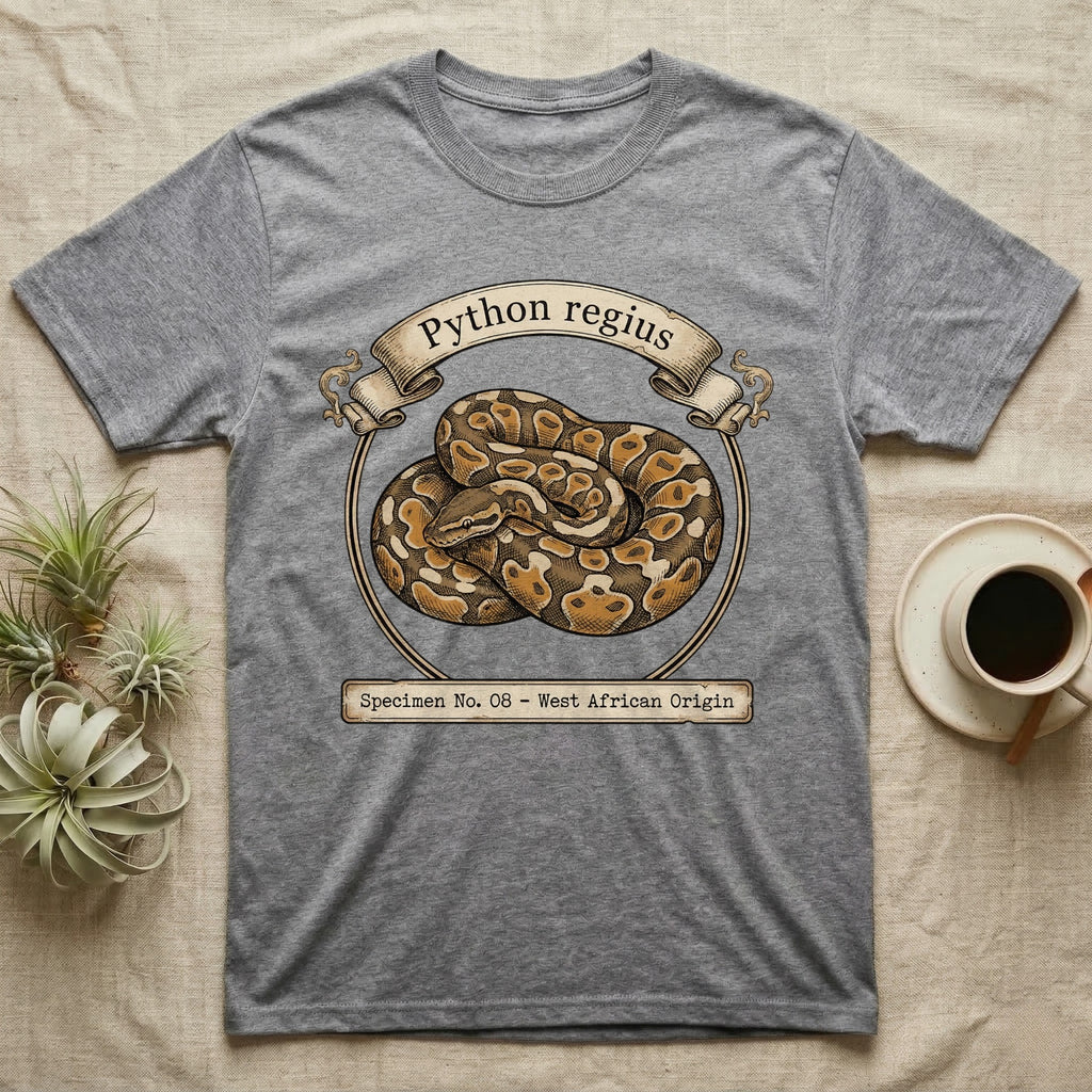 Gray t-shirt with Python Regius illustration and scientific name.
