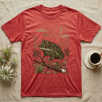 Pacman Frog Home Range T-Shirt in Heather Red — Woodcut-style illustration of a pacman frog sitting on the Chaco forest floor among fallen branches and thorn scrub, no on-shirt text.