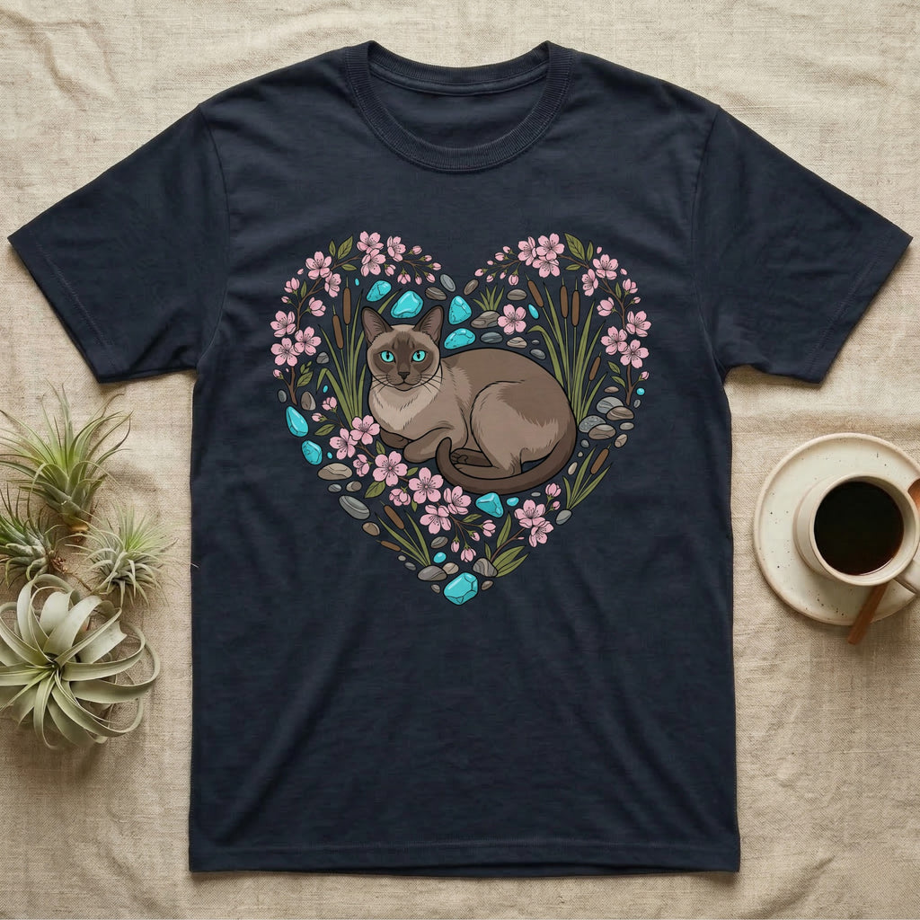 Dark t-shirt with a Siamese cat in a floral heart design.