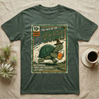 Tortoise Midnight Crawl Vintage T-Shirt in Military Green — Worn pulp comic cover of a witch-hatted tortoise dashing with a candy pail, "Tales of the Midnight Crawl."