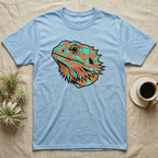 Blue t-shirt with geometric dragon head design.