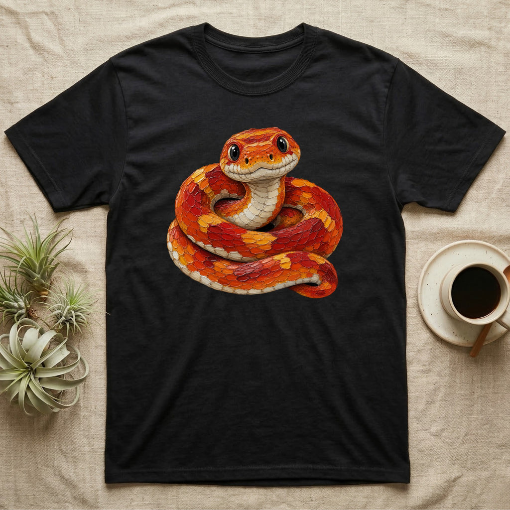Black t-shirt with illustration of a coiled orange corn snake.