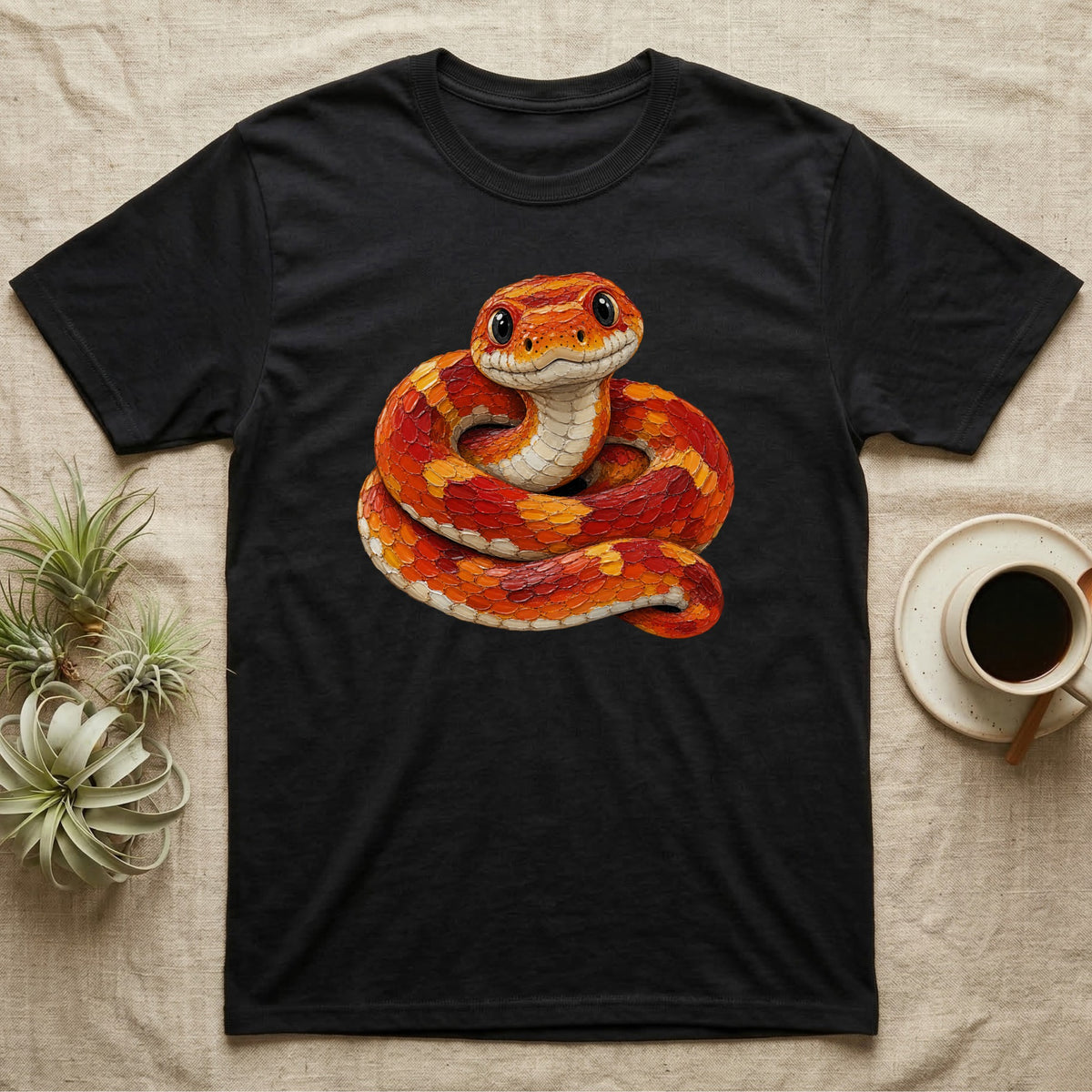 Black t-shirt with illustration of a coiled orange corn snake.