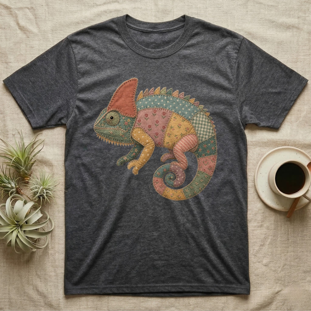 Dark t-shirt with a colorful patchwork chameleon graphic.