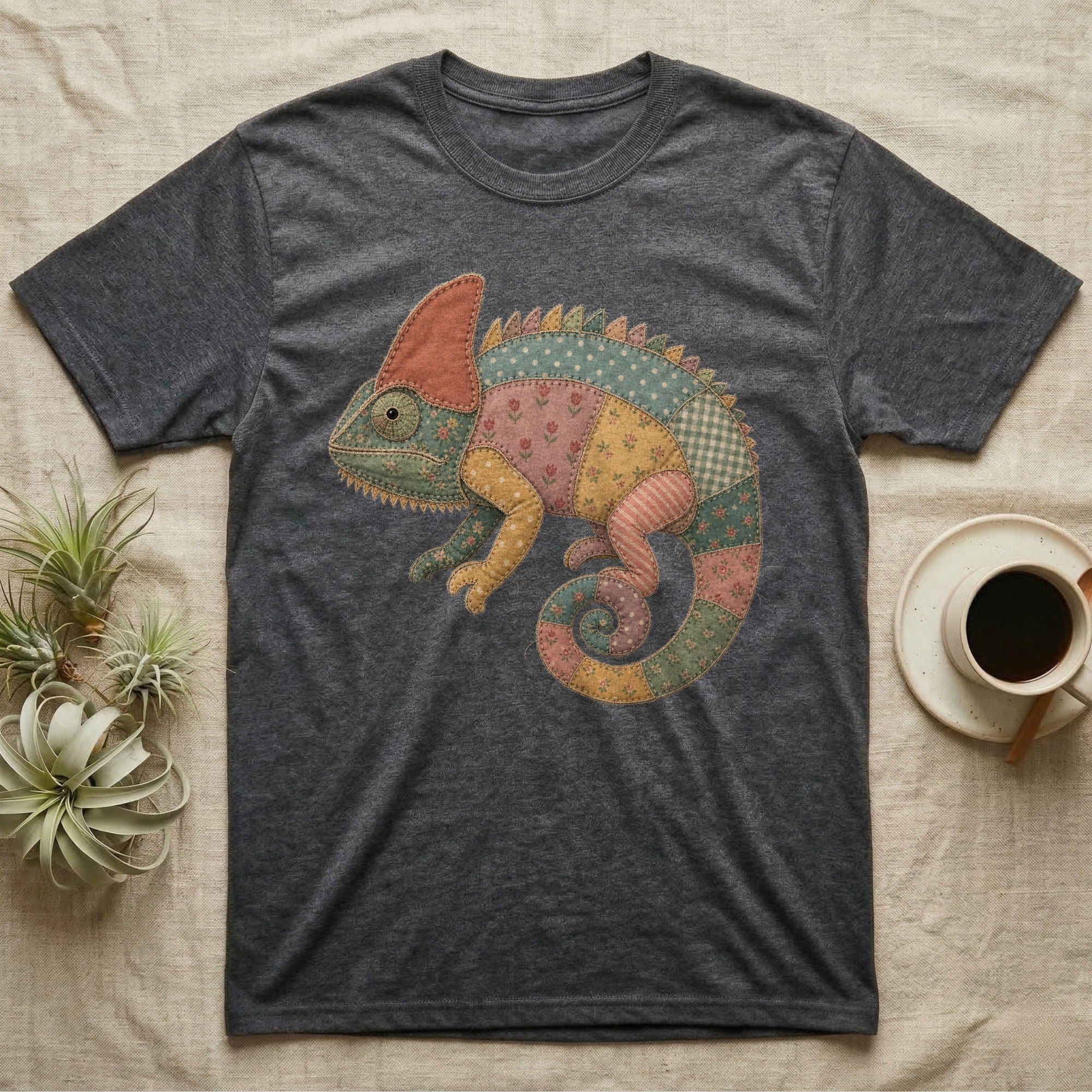 Dark t-shirt with a colorful patchwork chameleon graphic.
