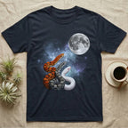 Corn Snake Moon Howl T-Shirt in Navy — Three Corn Snake colour morphs howling at a full moon over a nebula on a dark grey t-shirt.