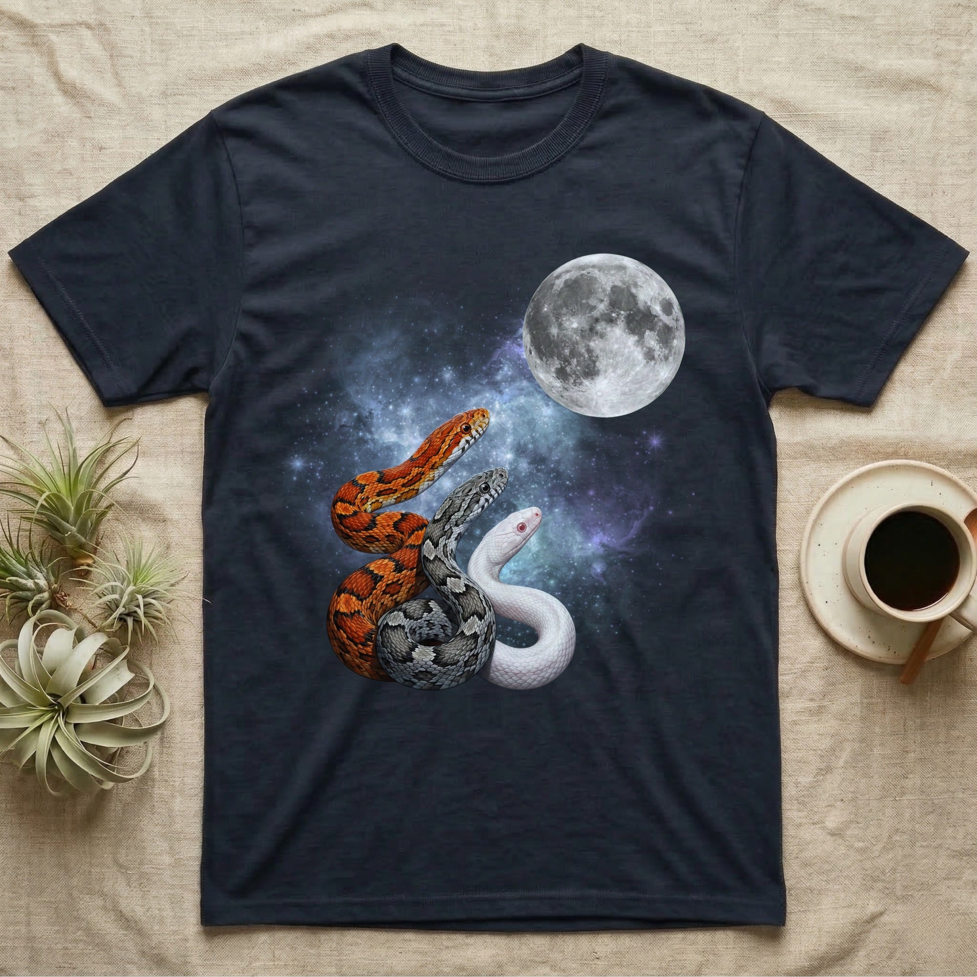 Corn Snake Moon Howl T-Shirt in Navy — Three Corn Snake colour morphs howling at a full moon over a nebula on a dark grey t-shirt.