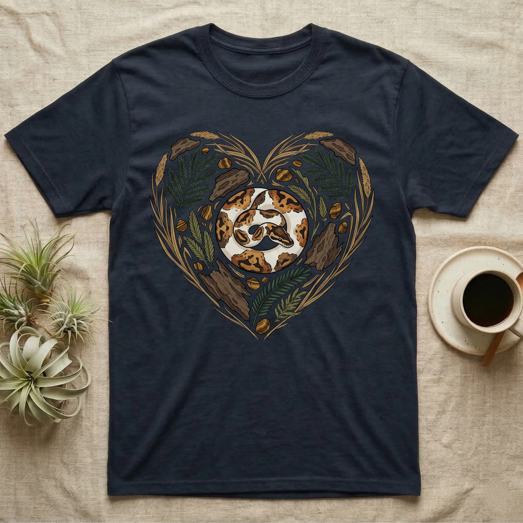 Dark t-shirt with a heart-shaped design of a snake and natural elements.
