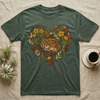 Green t-shirt with heart-shaped frog and leaf graphic.
