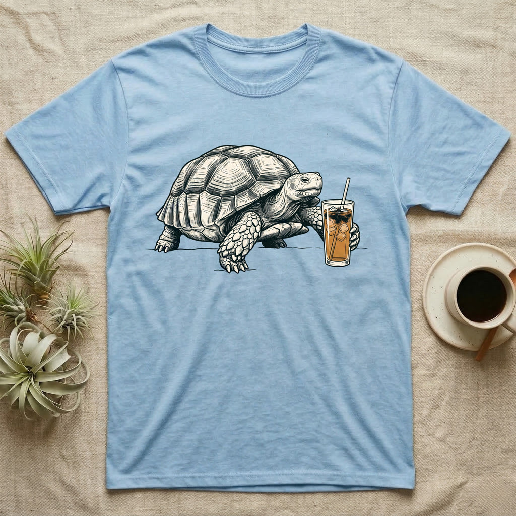 Slow Drip Tortoise T-Shirt in Light Blue — Flat meme-style illustration of a sulcata tortoise reaching slowly toward a tall iced slow-drip coffee.