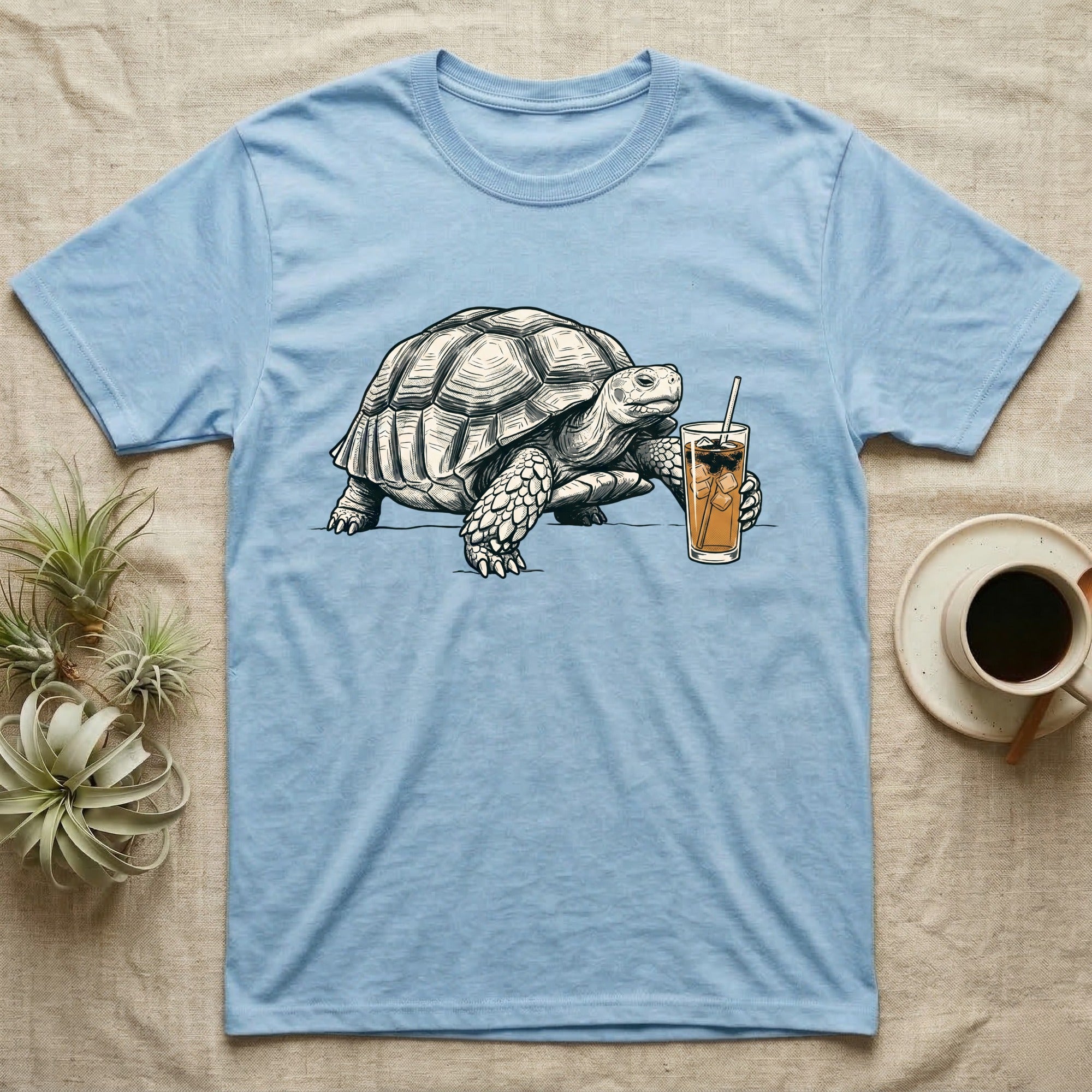 Slow Drip Tortoise T-Shirt in Light Blue — Flat meme-style illustration of a sulcata tortoise reaching slowly toward a tall iced slow-drip coffee.