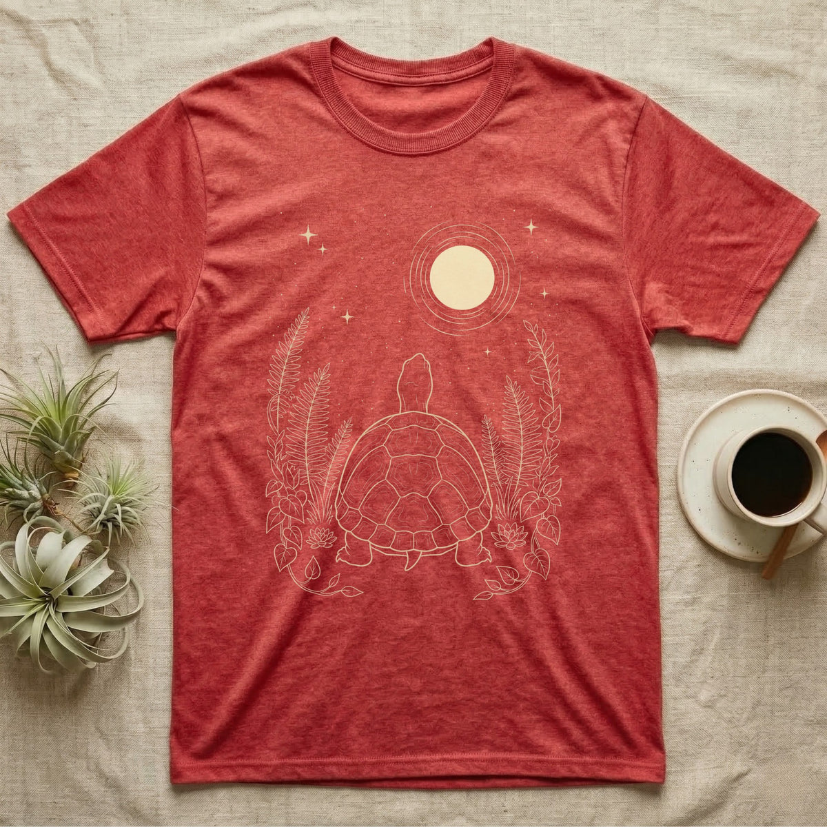 Eastern Box Turtle Moon T-Shirt in Heather Red — Warm-bone line drawing of an Eastern box turtle from behind gazing at a moon among ferns on grey