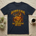 Ball Python October Thermostat T-Shirt in Navy — Metal-band style ball python coiled over a glowing jack-o'-lantern, "October Is Here, Turn Up the Thermostat Or Else."