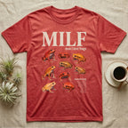 Tomato Frog MILF T-Shirt in Heather Red — Seven tomato frogs in a cut-out photo collage under the huge cream word MILF, man I love tomato frogs.