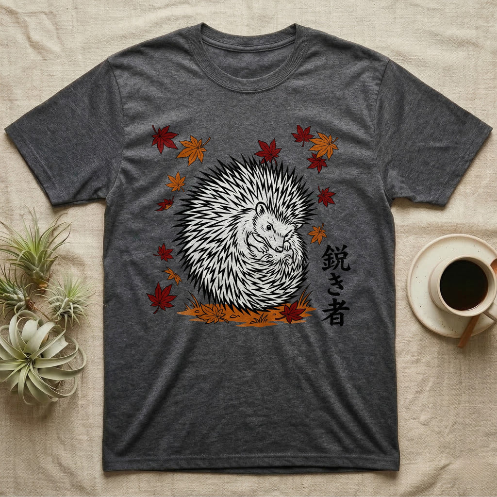 Dark grey t-shirt with a hedgehog design and Japanese text.