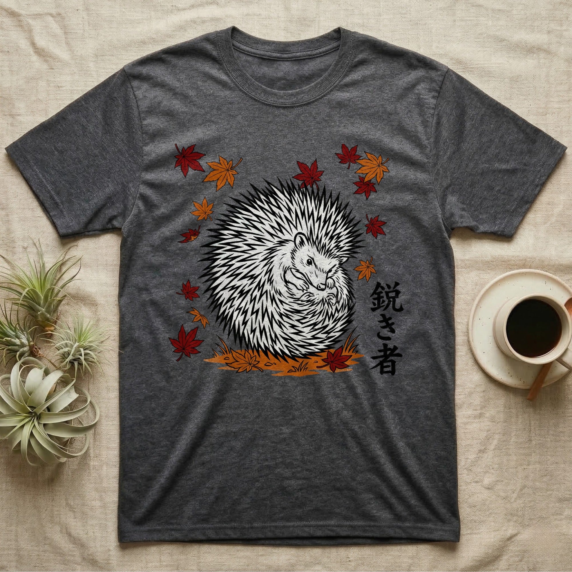 Dark grey t-shirt with a hedgehog design and Japanese text.